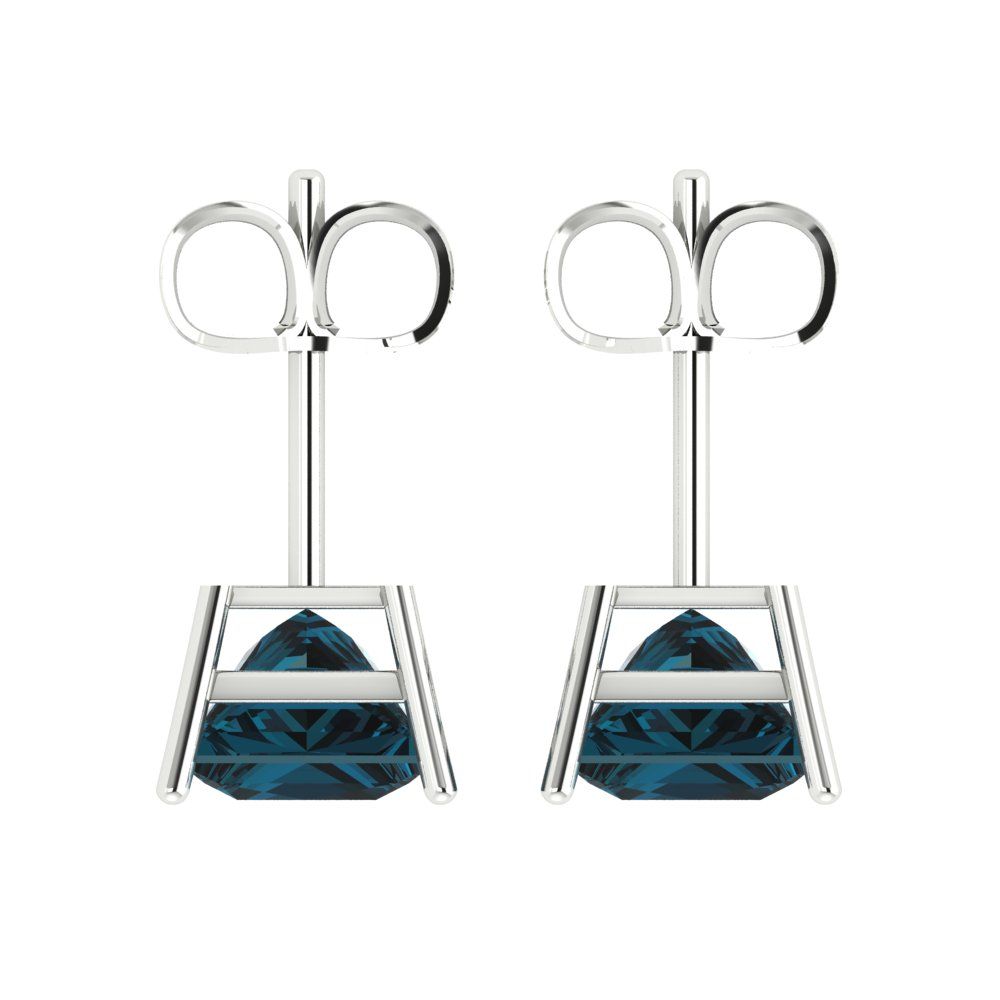 4 ctw London Blue Topaz Studs Earrings | 7.0mm Princess Cut White Gold Push Back | December Birthstone