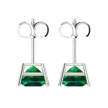 4 ctw Emerald Studs Earrings | 7.0mm Princess Cut White Gold Push Back | May Birthstone