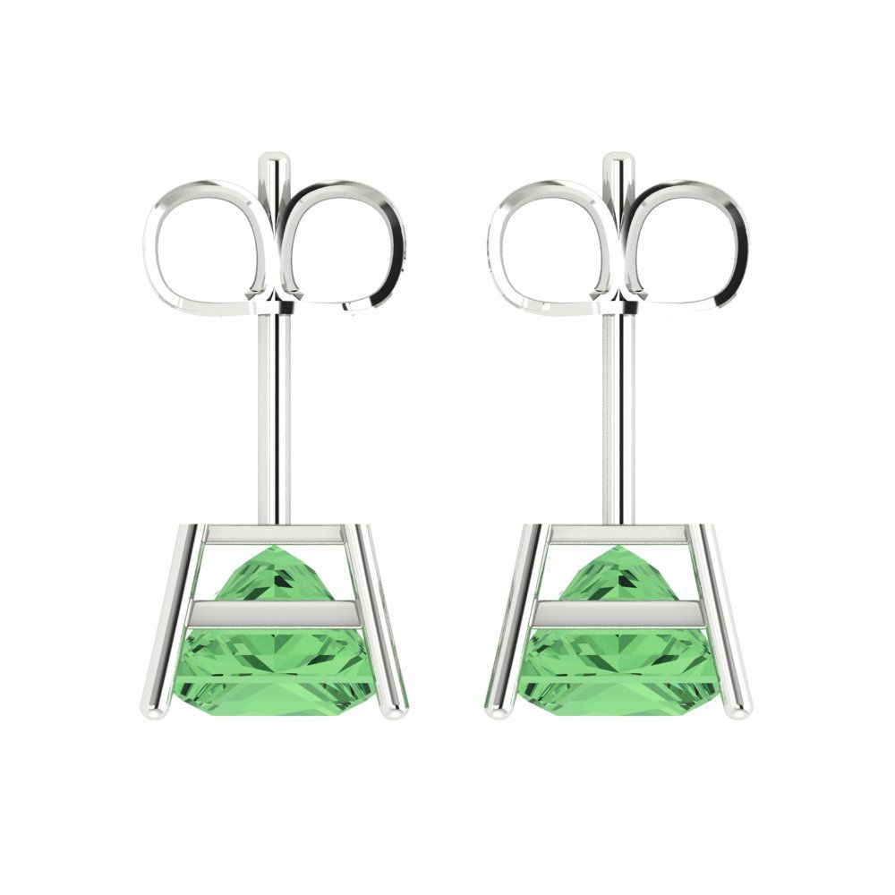 4 ctw Green Zirconia Studs Earrings | 7.0mm Princess Cut White Gold Push Back | April Birthstone