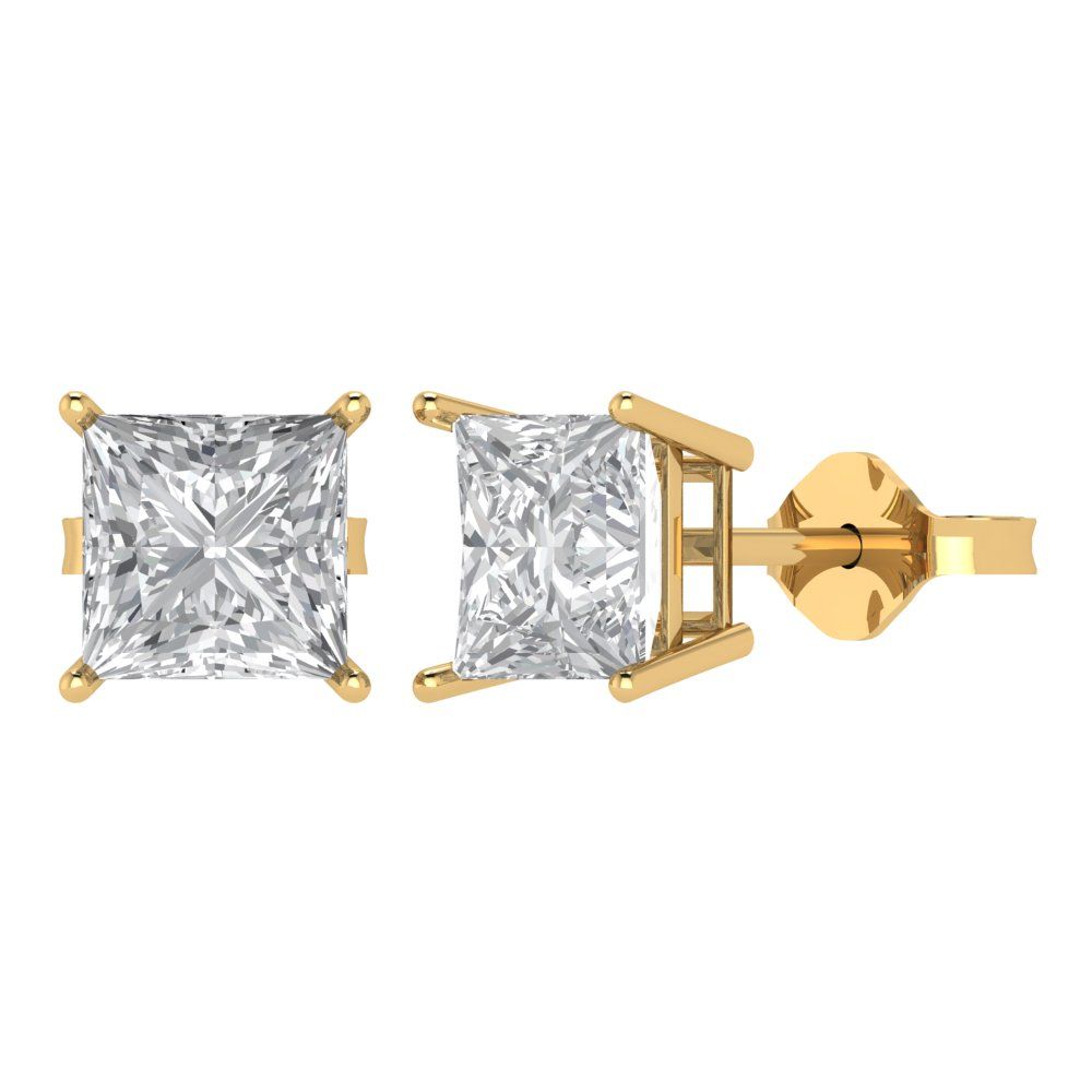 4 ctw White Sapphire Studs Earrings | 7.0mm Princess Cut White Gold Push Back | April Birthstone