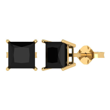 4cttw Princess Cut Natural Onyx Gold-Plated 925 Silver Push Back Stud Earrings
