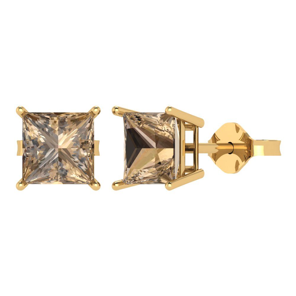 4 ctw Champagne Studs Earrings | 7.0mm Princess Cut White Gold Push Back | April Birthstone