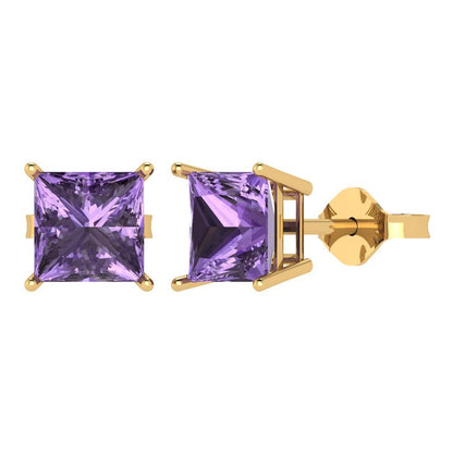 4 ctw Alexandrite Studs Earrings | 7.0mm Princess Cut White Gold Push Back | June Birthstone