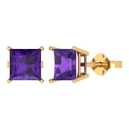 4 ctw Amethyst Studs Earrings | 7.0mm Princess Cut White Gold Push Back | February Birthstone