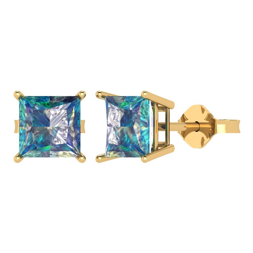 4 ctw Blue Moissanite Studs Earrings | 7.0mm Princess Cut White Gold Push Back | April Birthstone