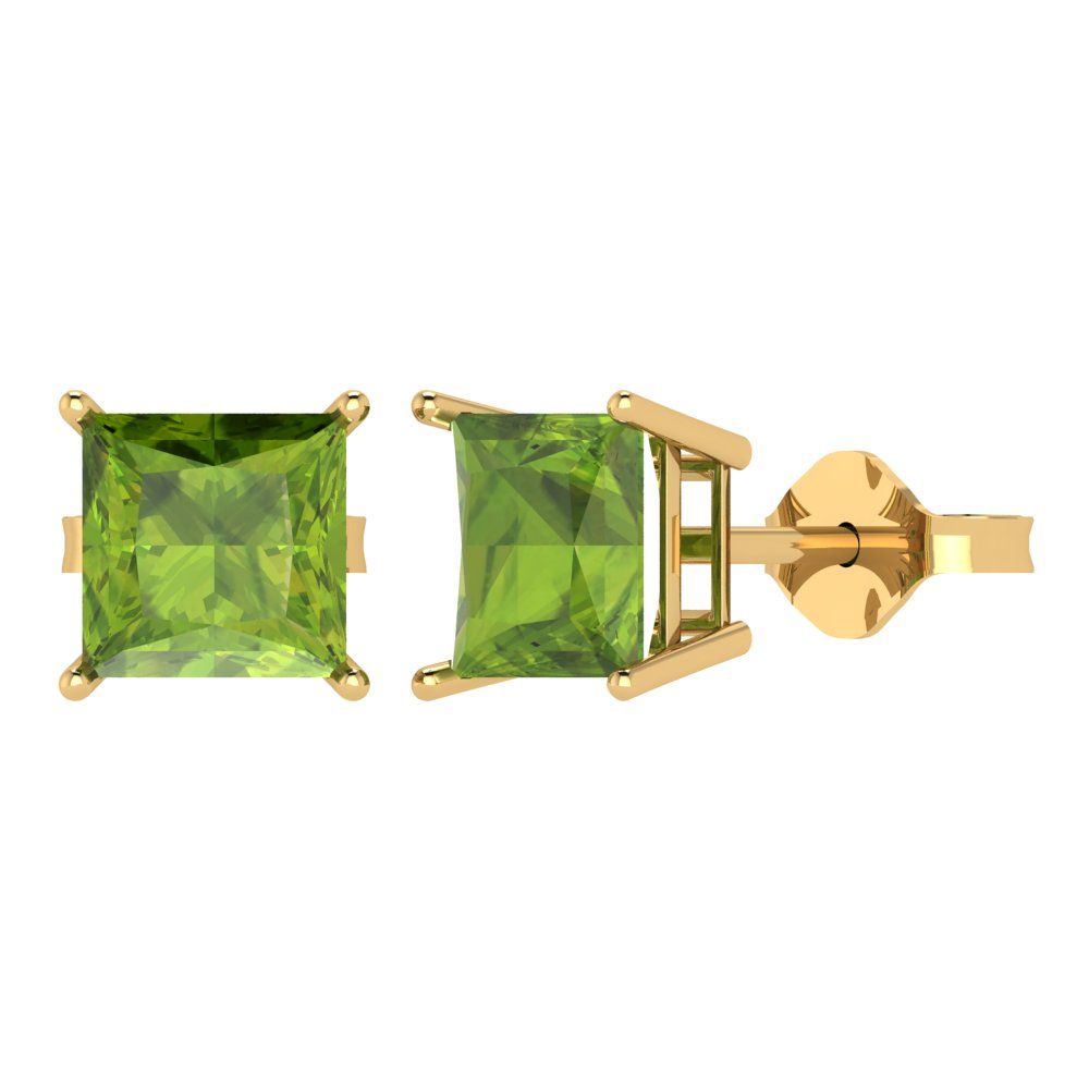 4 ctw Peridot Studs Earrings | 7.0mm Princess Cut White Gold Push Back | August Birthstone