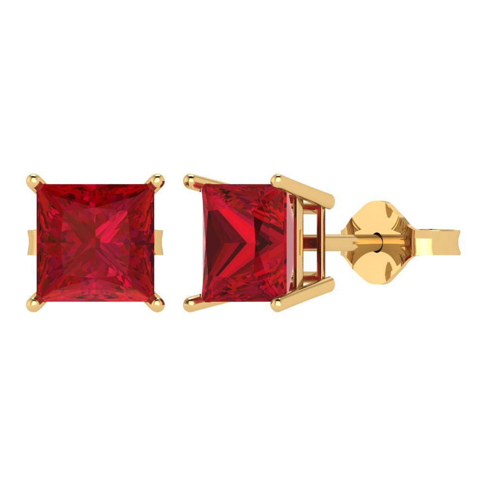 4cttw Princess Cut Simulated Ruby Gold-Plated 925 Silver Push Back Stud Earrings