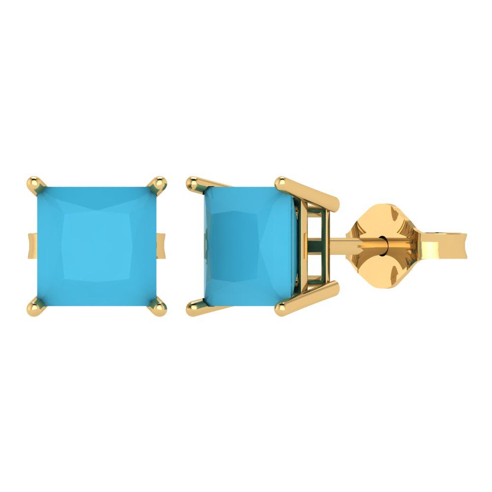 4 ctw Turquoise Studs Earrings | 7.0mm Princess Cut White Gold Push Back | December Birthstone