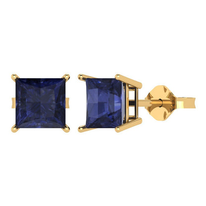 4 ctw Blue Sapphire Studs Earrings | 7.0mm Princess Cut White Gold Push Back | September Birthstone