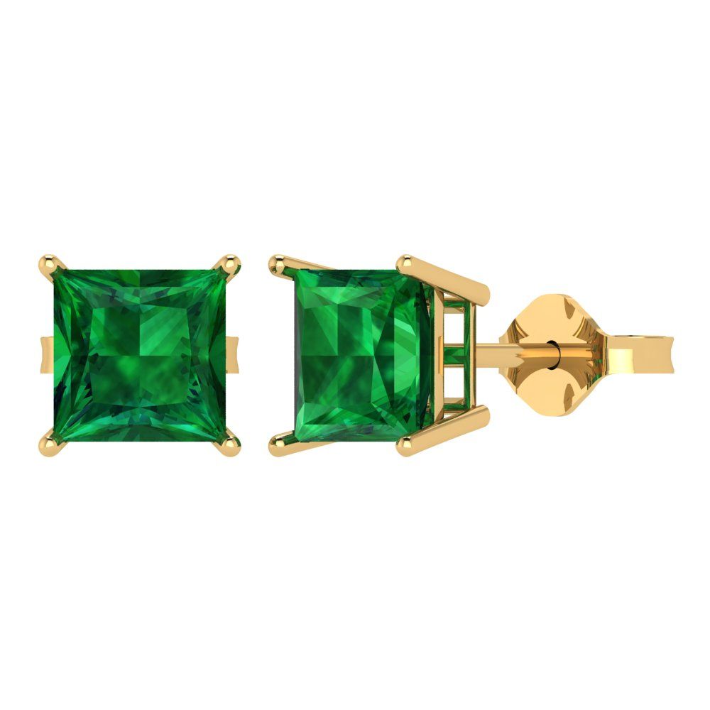 4cttw Princess Cut Simulated Emerald Gold-Plated 925 Silver Push Back Stud Earrings