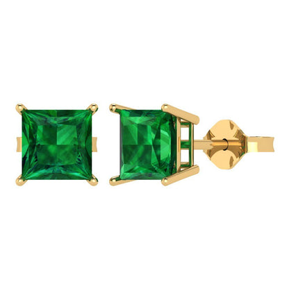 4cttw Princess Cut Simulated Emerald Gold-Plated 925 Silver Push Back Stud Earrings