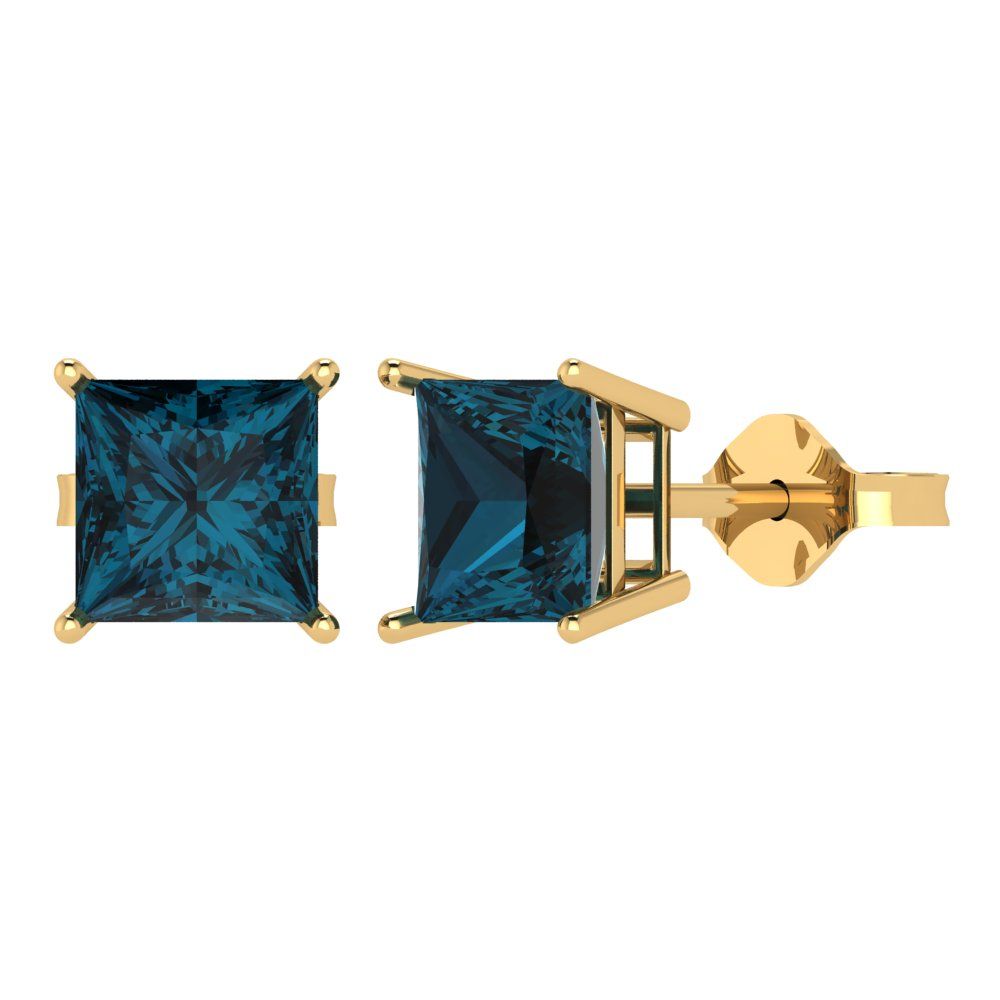 4 ctw London Blue Topaz Studs Earrings | 7.0mm Princess Cut White Gold Push Back | December Birthstone