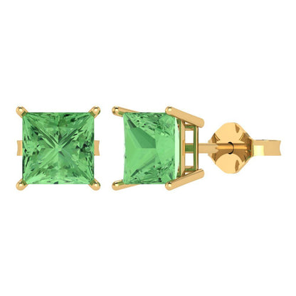 4cttw Princess Cut Simulated Green Diamond Gold-Plated 925 Silver Push Back Stud Earrings