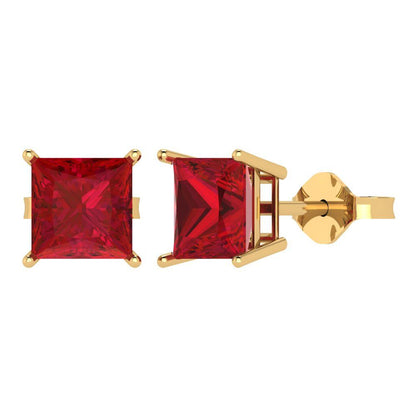 4cttw Princess Cut Simulated Pink Tourmaline Gold-Plated 925 Silver Push Back Stud Earrings