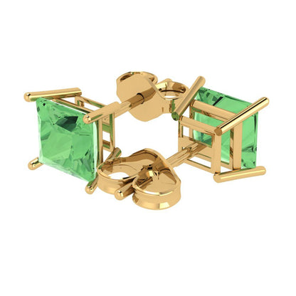 4cttw Princess Cut Simulated Green Diamond Gold-Plated 925 Silver Push Back Stud Earrings