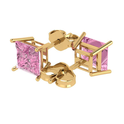 4cttw Princess Cut Simulated Pink Diamond Gold-Plated 925 Silver Push Back Stud Earrings