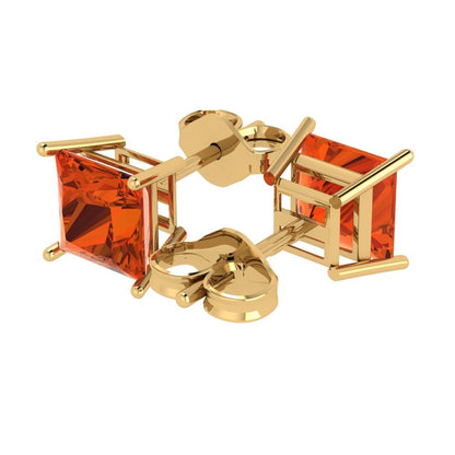 4 ctw Red Zirconia Studs Earrings | 7.0mm Princess Cut White Gold Push Back | April Birthstone