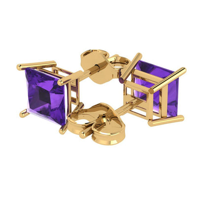 4 ctw Amethyst Studs Earrings | 7.0mm Princess Cut White Gold Push Back | February Birthstone