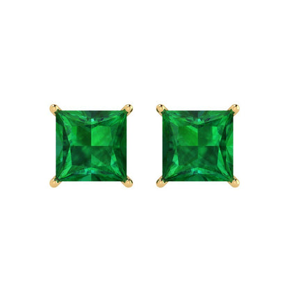 4 ctw Emerald Studs Earrings | 7.0mm Princess Cut White Gold Push Back | May Birthstone