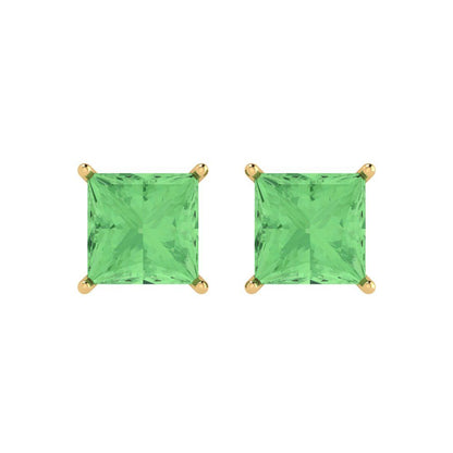 4 ctw Green Zirconia Studs Earrings | 7.0mm Princess Cut White Gold Push Back | April Birthstone