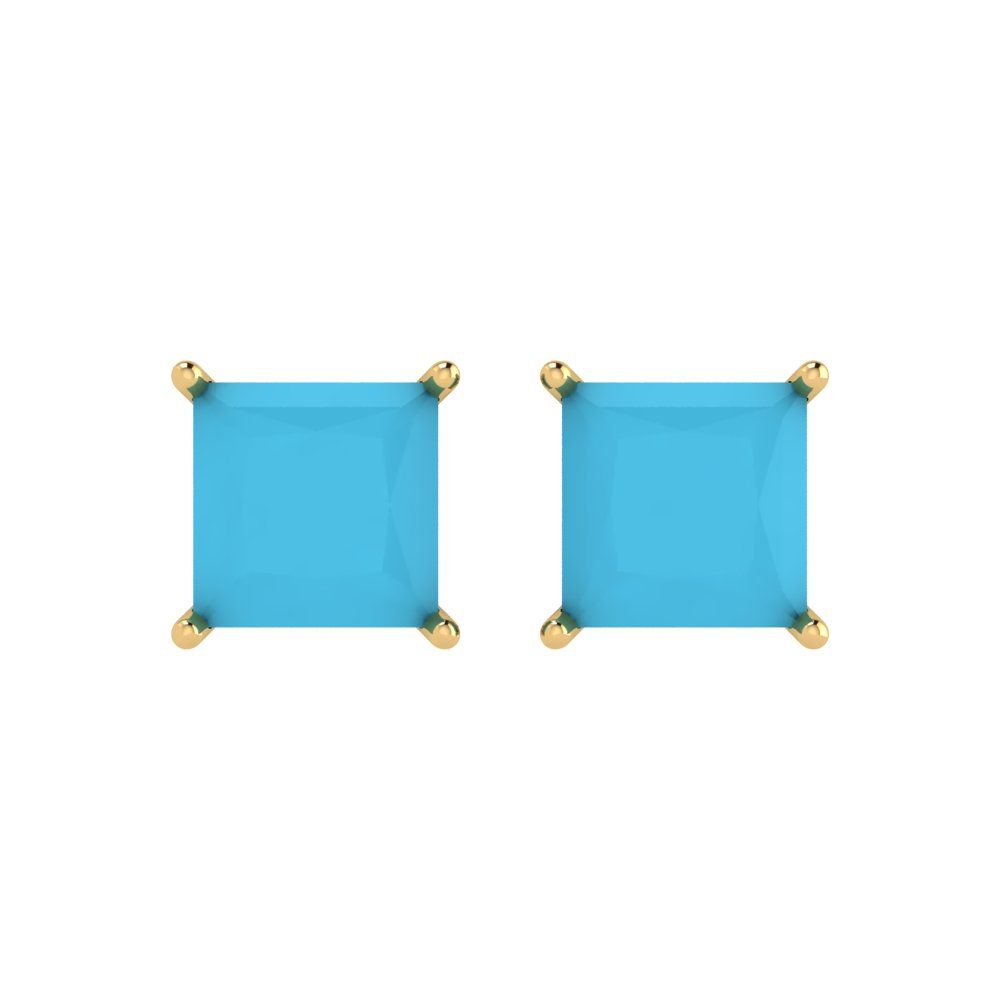 4cttw Princess Cut Simulated Turquoise Gold-Plated 925 Silver Push Back Stud Earrings