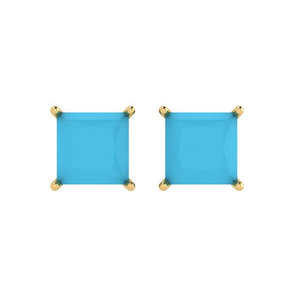 4cttw Princess Cut Simulated Turquoise Gold-Plated 925 Silver Push Back Stud Earrings