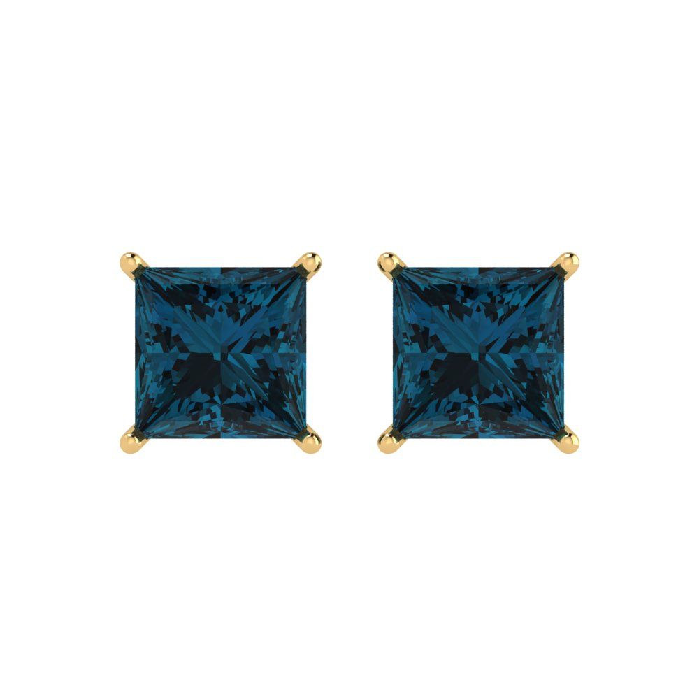 4 ctw London Blue Topaz Studs Earrings | 7.0mm Princess Cut White Gold Push Back | December Birthstone