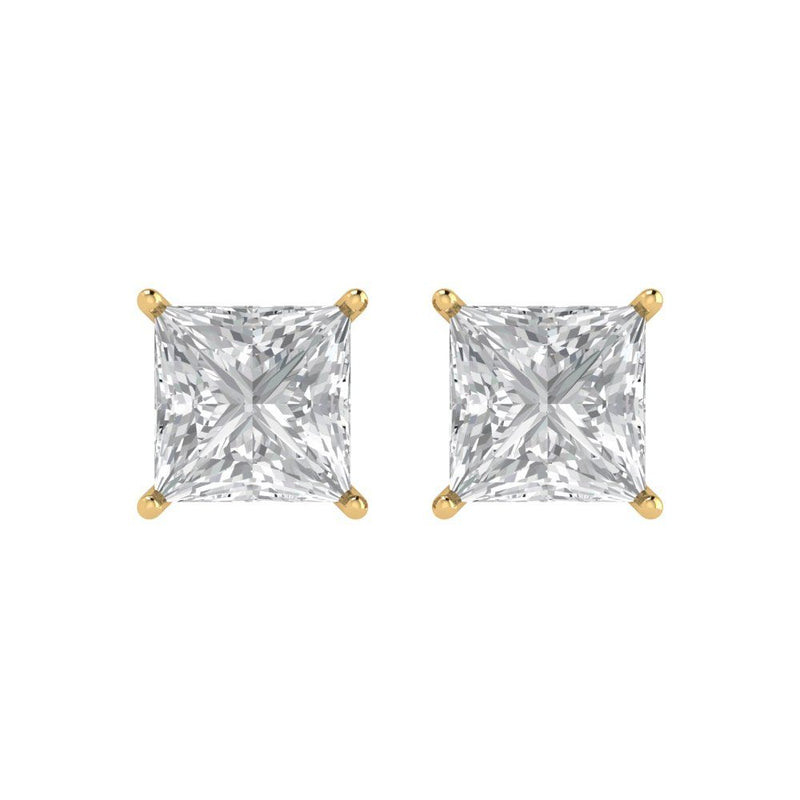 4 ct Brilliant Princess Cut Solitaire Studs Natural Diamond Stone Clarity SI1-2 Color G-H Yellow Gold Earrings Push Back
