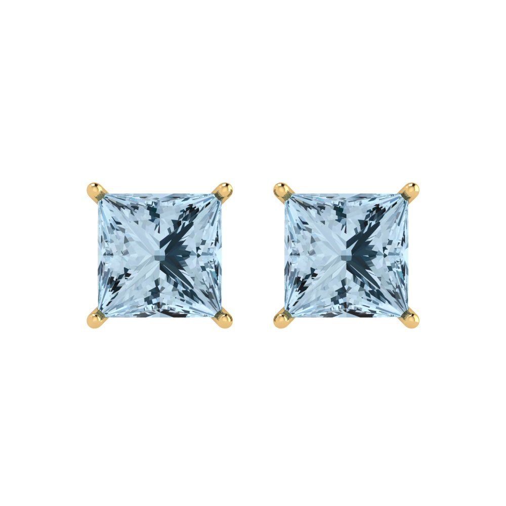 4cttw Princess Cut Natural Aquamarine Gold-Plated 925 Silver Push Back Stud Earrings