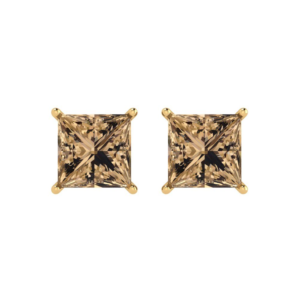 4 ctw Champagne Studs Earrings | 7.0mm Princess Cut White Gold Push Back | April Birthstone