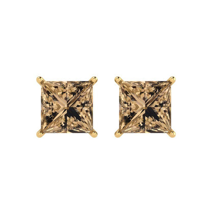 4 ctw Champagne Studs Earrings | 7.0mm Princess Cut White Gold Push Back | April Birthstone