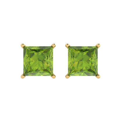 4 ctw Peridot Studs Earrings | 7.0mm Princess Cut White Gold Push Back | August Birthstone