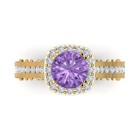 2.37 cttw Simulated Alexandrite Hidden Halo Engagement Ring - Solid Yellow Gold (VVS1, Round Cut,7.5mm)