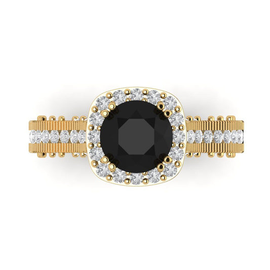 2.37 cttw Natural Onyx Hidden Halo Engagement Ring - Solid Yellow Gold (VVS1, Round Cut,7.5mm)