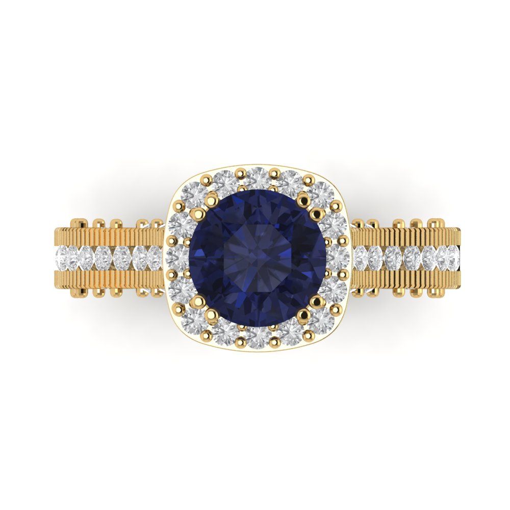 2.37 cttw Simulated Blue Sapphire Hidden Halo Engagement Ring - Solid Gold (Round Cut,7.5mm)