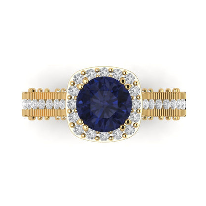2.37 cttw Simulated Blue Sapphire Hidden Halo Engagement Ring - Solid Gold (Round Cut,7.5mm)