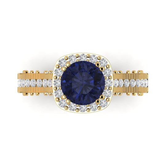 2.37 cttw Simulated Blue Sapphire Hidden Halo Engagement Ring - Solid Yellow Gold (VVS1, Round Cut,7.5mm)