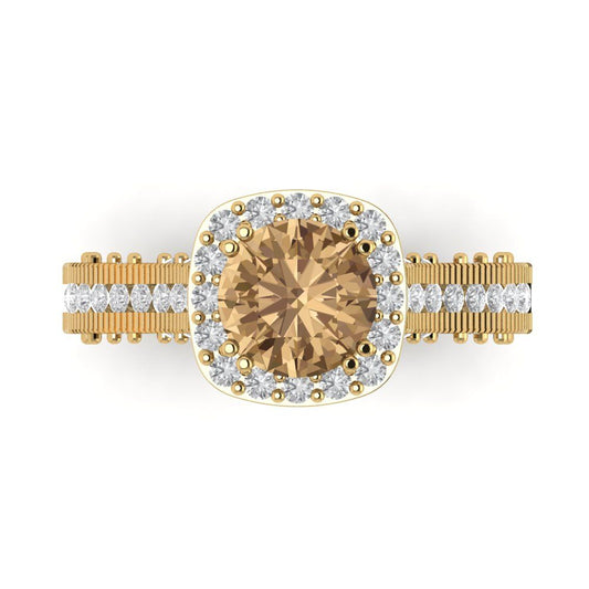 2.37 cttw Zirconia Simulated Champagne Diamond Hidden Halo Engagement Ring - Solid Yellow Gold (VVS1, Round Cut,7.5mm)