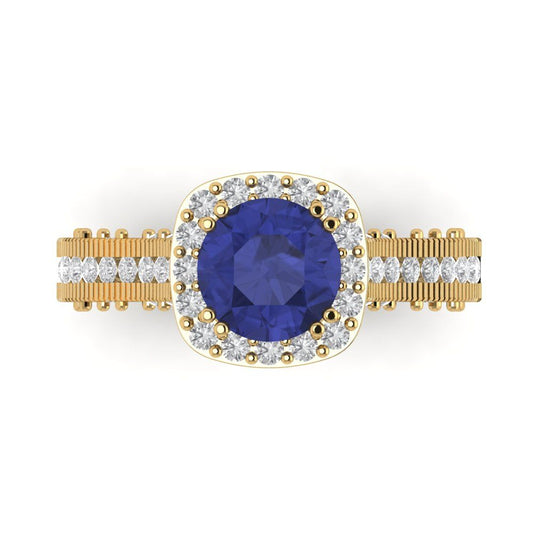 2.37 cttw Simulated Tanzanite Hidden Halo Engagement Ring - Solid Yellow Gold (VVS1, Round Cut,7.5mm)