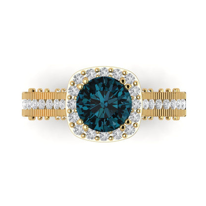 2.37 cttw Natural London Blue Topaz Hidden Halo Engagement Ring - Solid Gold (Round Cut,7.5mm)