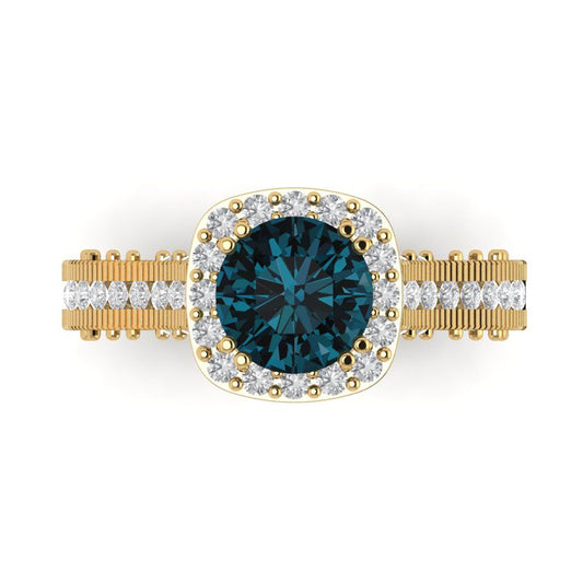 2.37 cttw Natural London Blue Topaz Hidden Halo Engagement Ring - Solid Yellow Gold (VVS1, Round Cut,7.5mm)