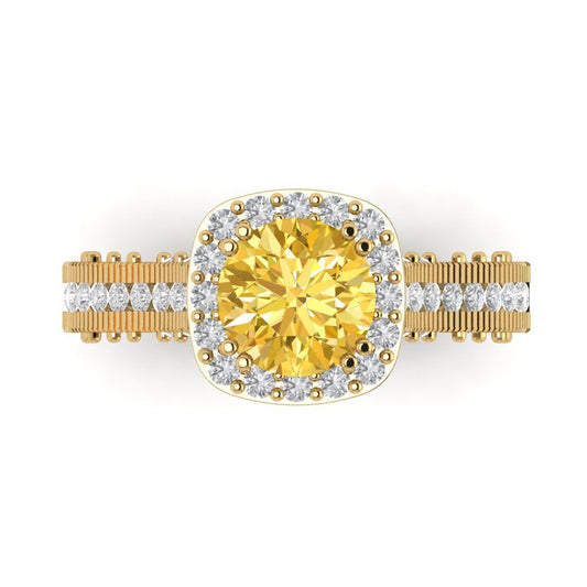 2.37 cttw Zirconia Simulated Yellow Diamond Hidden Halo Engagement Ring - Solid Yellow Gold (VVS1, Round Cut,7.5mm)