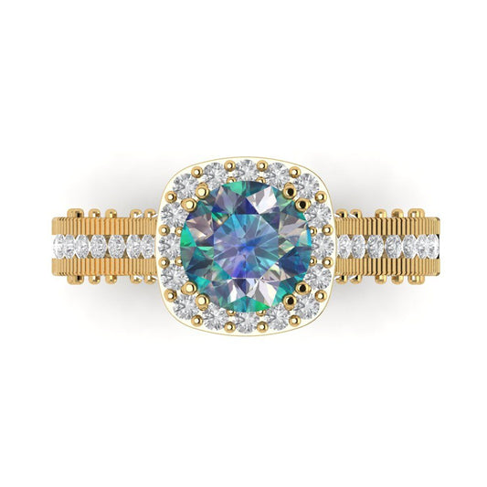 2.37 cttw Blue Moissanite Hidden Halo Engagement Ring - Solid Yellow Gold (VVS1, Round Cut,7.5mm)