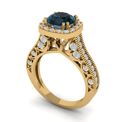 2.37 cttw Natural London Blue Topaz Hidden Halo Engagement Ring - Solid Gold (Round Cut,7.5mm)