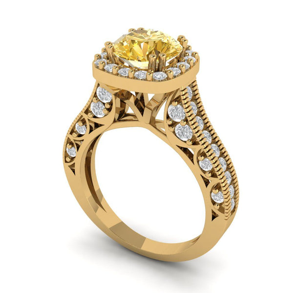 2.7 ct Brilliant Round Cut Yellow Simulated Diamond Stone Yellow Gold Halo Solitaire with Accents Ring