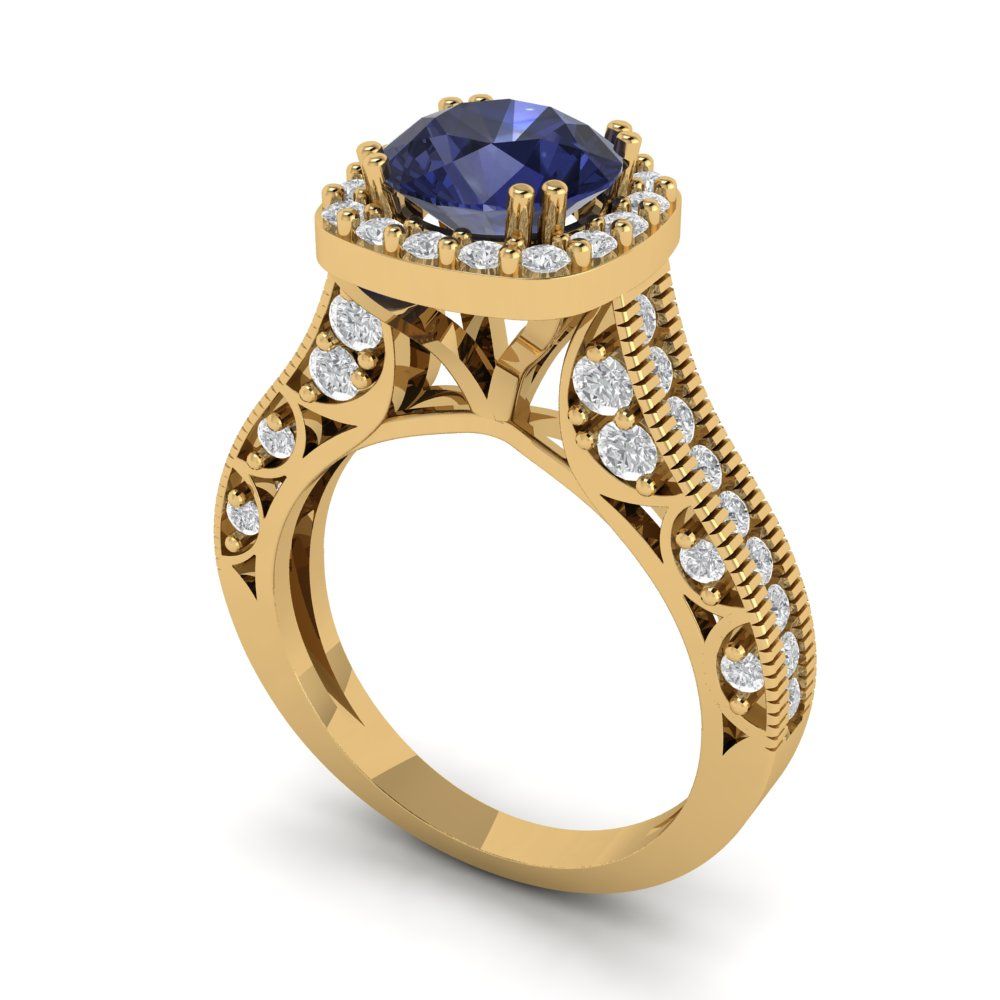 2.37 cttw Simulated Blue Sapphire Hidden Halo Engagement Ring - Solid Gold (Round Cut,7.5mm)