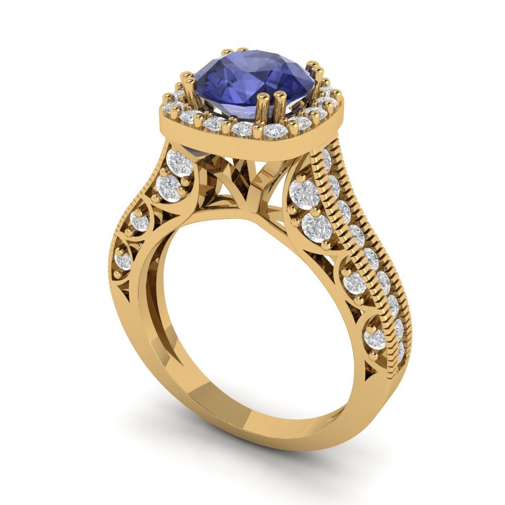 2.37 cttw Simulated Tanzanite Hidden Halo Engagement Ring - Solid Gold (Round Cut,7.5mm)
