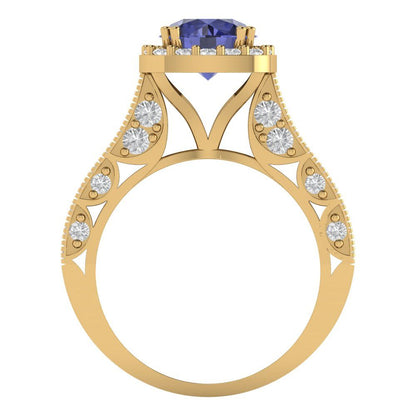 2.37 cttw Simulated Tanzanite Hidden Halo Engagement Ring - Solid Gold (Round Cut,7.5mm)