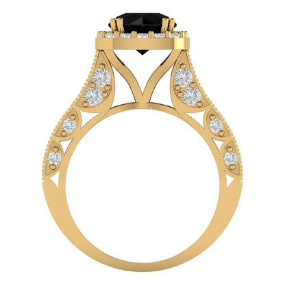 2.37 cttw Natural Onyx Hidden Halo Engagement Ring - Solid Gold (Round Cut,7.5mm)