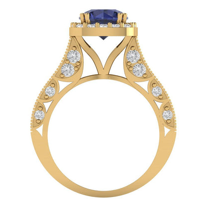 2.37 cttw Simulated Blue Sapphire Hidden Halo Engagement Ring - Solid Gold (Round Cut,7.5mm)